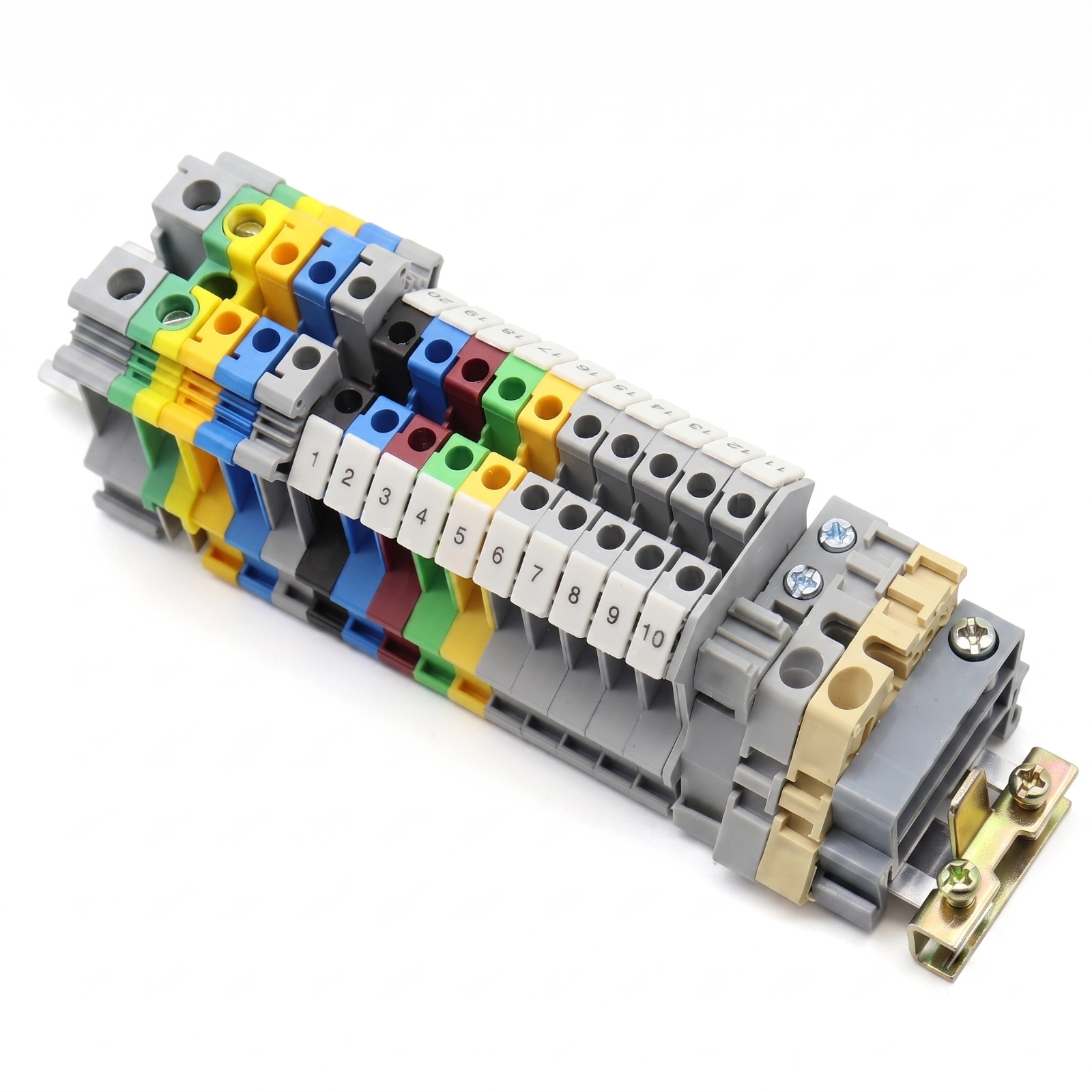 GR-EAT-UK-309A UK series DIN rail terminal blocks with brass and alloy bodies in color-coded housings